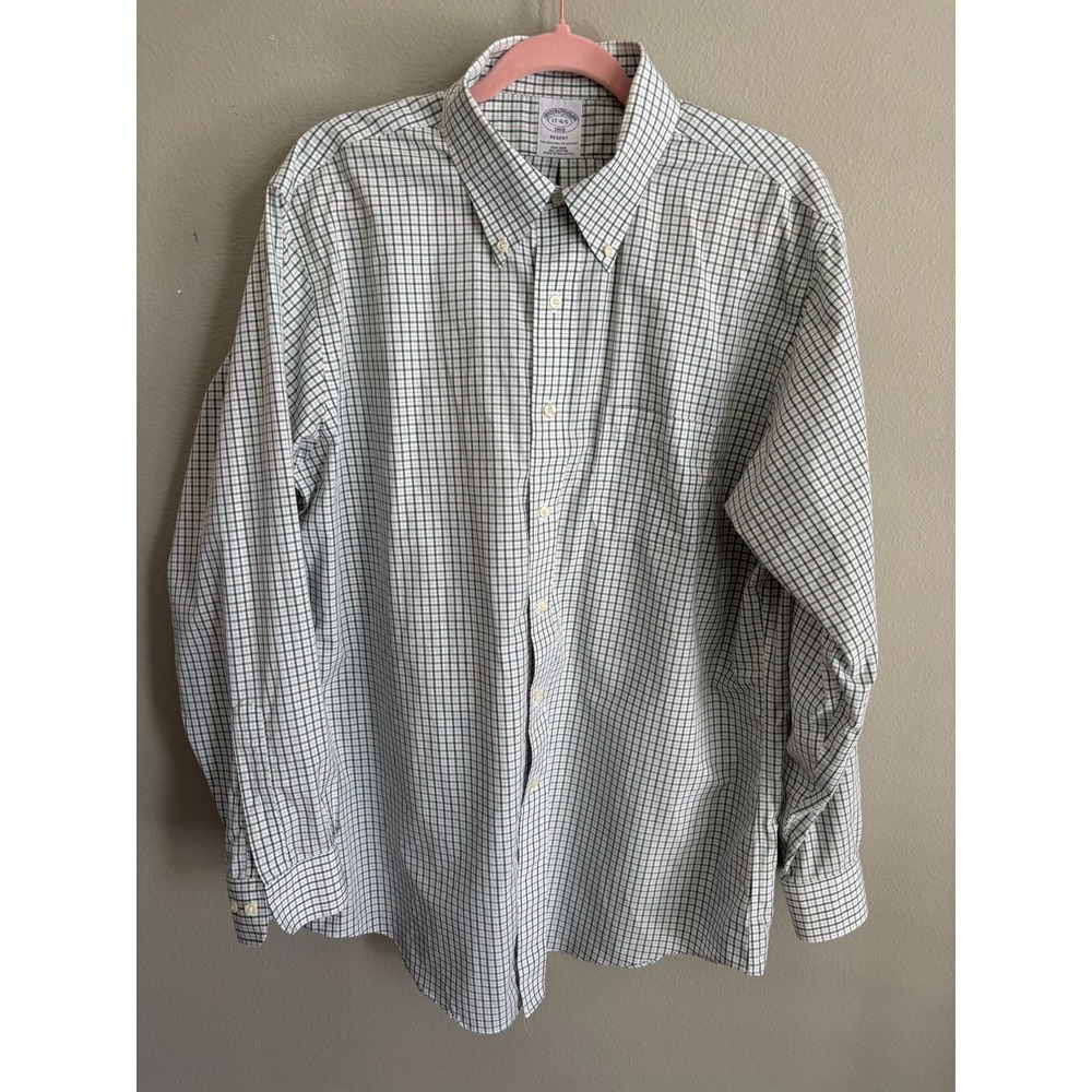 Brooks Brothers Mens White Micro Check Long Sleeve Button Down Shirt Size 17‎